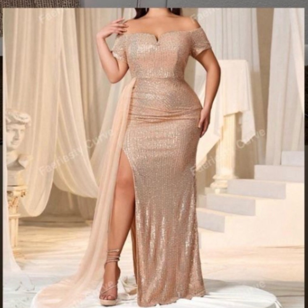 NWOT Off-Shoulder Sequin Evening Gown in Champagne Size XL